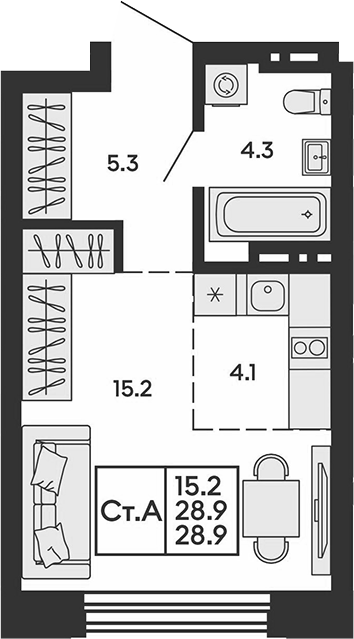 Планировка студии 28.90 м² в ЖК «Сила леса»