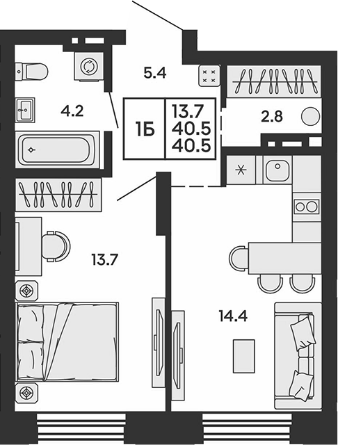 Планировка 2е-к.кв 40.50 м² в ЖК «Сила леса»