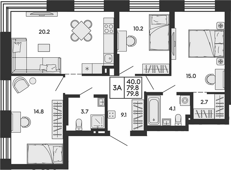 Планировка 4е-к.кв 79.80 м² в ЖК «Сила леса»