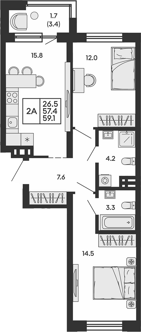 Планировка 2-к.кв 57.40 м² в ЖК «Сила леса»