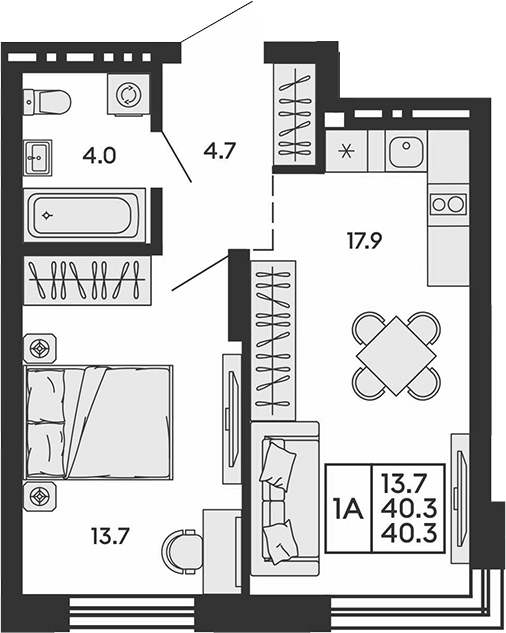 Планировка 2е-к. квартира 40.30 м² в ЖК «Сила леса»