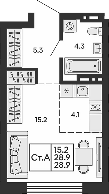 Планировка студии 28.90 м² в ЖК «Сила леса»