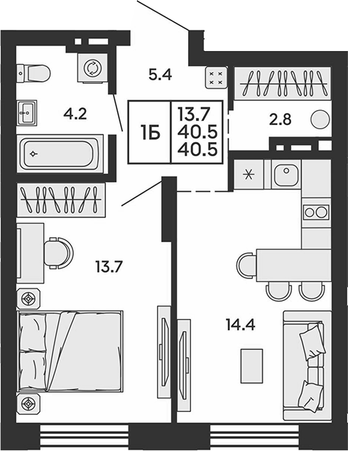 Планировка 2е-к.кв 40.50 м² в ЖК «Сила леса»