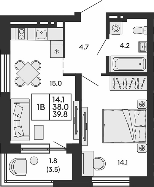 Планировка 2е-к. квартира 38.00 м² в ЖК «Сила леса»