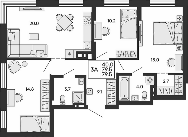 Планировка 4е-к. квартира 79.50 м² в ЖК «Сила леса»