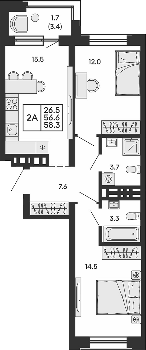 Планировка 2-к. квартира 56.60 м² в ЖК «Сила леса»