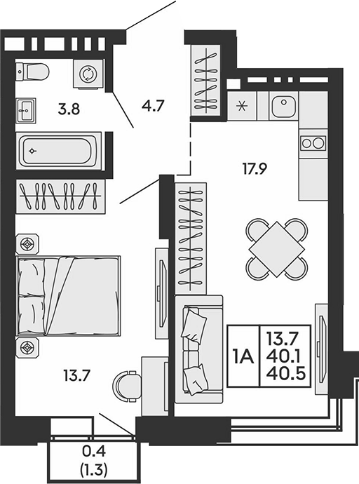 Планировка 2е-к.кв 40.10 м² в ЖК «Сила леса»