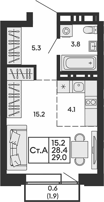Планировка студия 28.40 м² в ЖК «Сила леса»