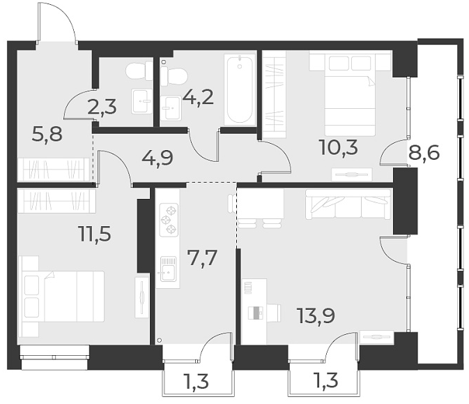 Планировка 3е-к.кв 60.60 м² в ЖК «Русское солнце»