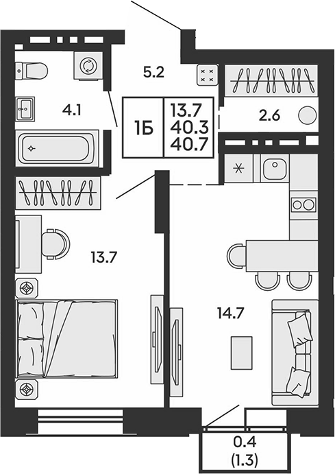 Планировка 2е-к.кв 40.30 м² в ЖК «Сила леса»