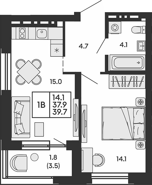 Планировка 2е-к.кв 37.90 м² в ЖК «Сила леса»