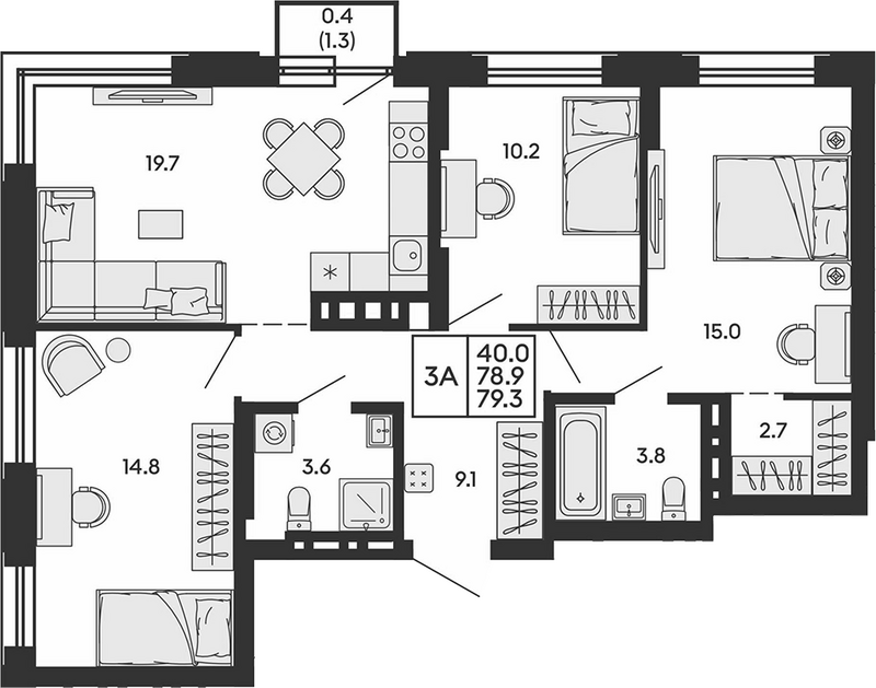 Планировка 4е-к.кв 78.90 м² в ЖК «Сила леса»