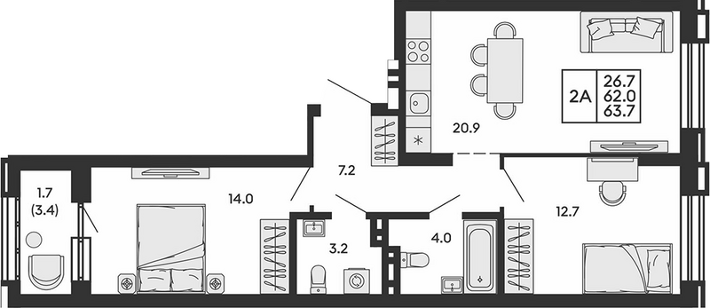 Планировка 3е-к.кв 62.00 м² в ЖК «Сила леса»