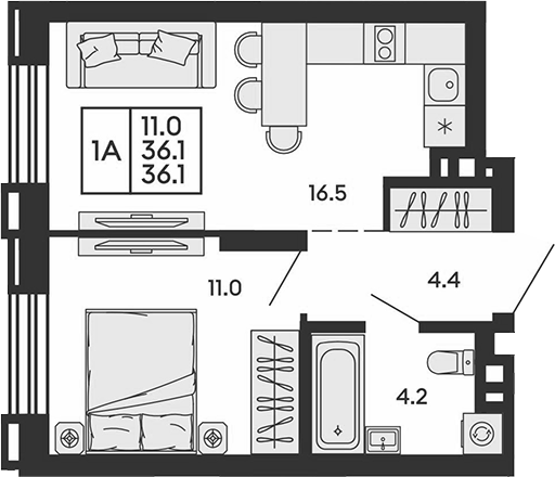 Планировка 2е-к.кв 36.10 м² в ЖК «Сила леса»