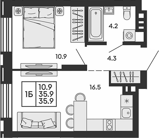 Планировка 2е-к. квартира 35.90 м² в ЖК «Сила леса»