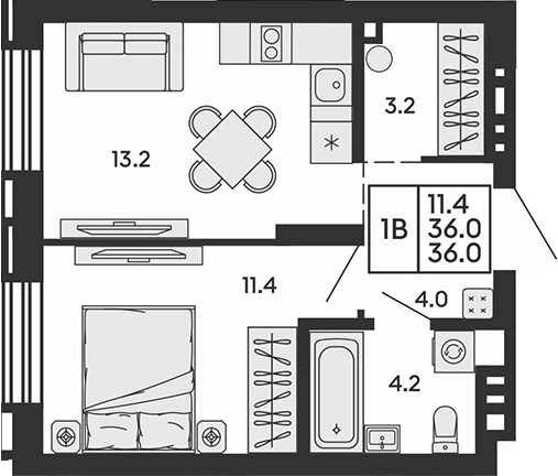 Планировка 2е-к.кв 36.00 м² в ЖК «Сила леса»
