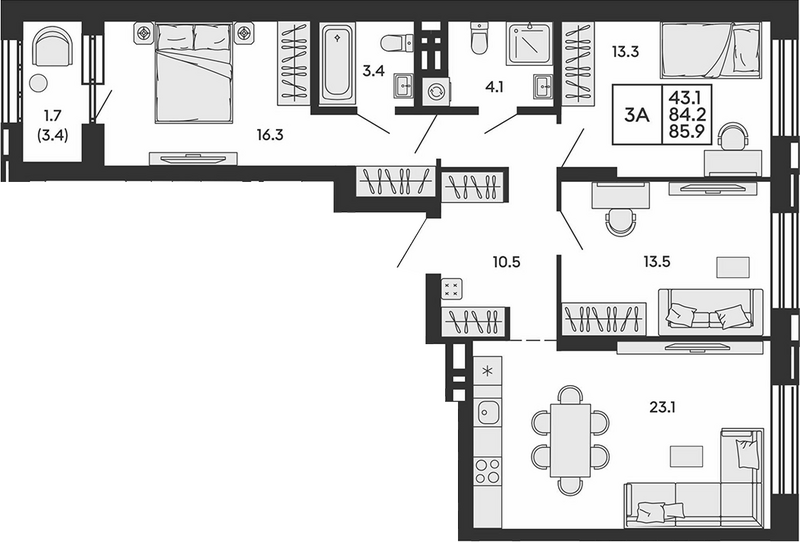 Планировка 4е-к. квартира 84.20 м² в ЖК «Сила леса»
