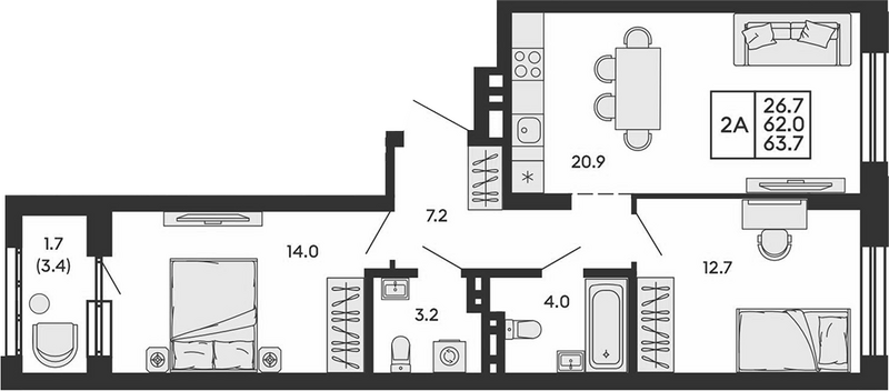 Планировка 3е-к.кв 62.00 м² в ЖК «Сила леса»