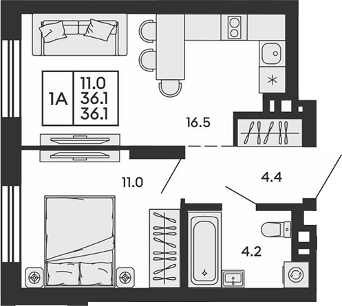 Планировка 2е-к. квартира 36.10 м² в ЖК «Сила леса»