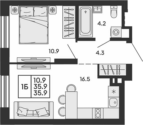 Планировка 2е-к. квартира 35.90 м² в ЖК «Сила леса»