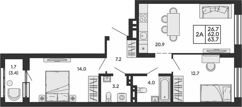 Планировка 3е-к.кв 62.00 м² в ЖК «Сила леса»