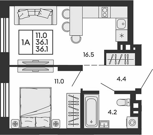 Планировка 2е-к. квартира 36.10 м² в ЖК «Сила леса»
