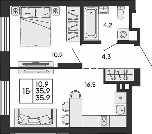 Планировка 2е-к. квартира 35.90 м² в ЖК «Сила леса»