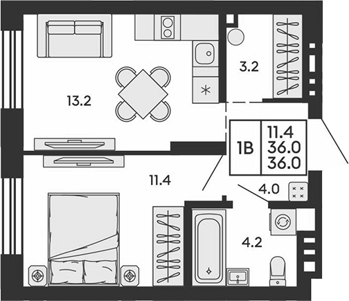 Планировка 2е-к.кв 36.00 м² в ЖК «Сила леса»