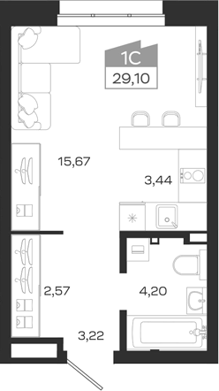 Планировка студии 29.10 м² в ЖК «1804 Квартал на Сибирской. Томск»