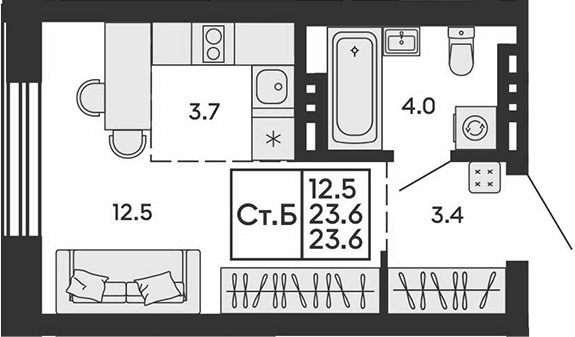 Планировка студия 23.60 м² в ЖК «Сила леса»