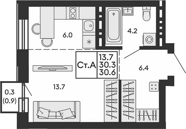 Планировка студия 30.30 м² в ЖК «Сила леса»