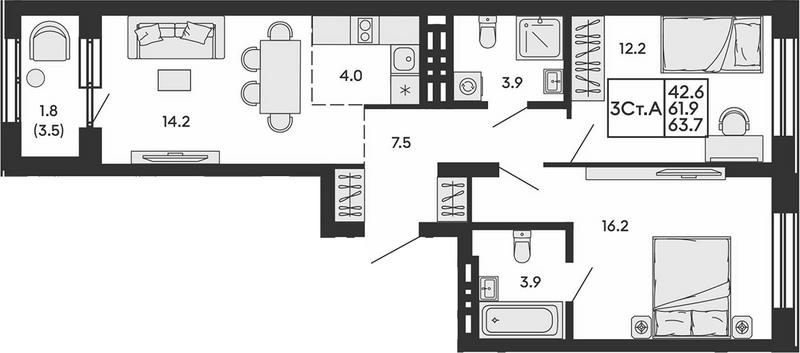 Планировка 3е-к. квартира 61.90 м² в ЖК «Сила леса»