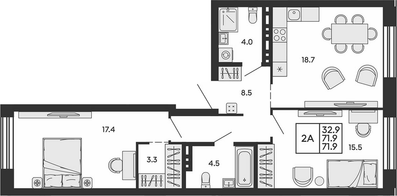 Планировка 3е-к. квартира 71.90 м² в ЖК «Сила леса»