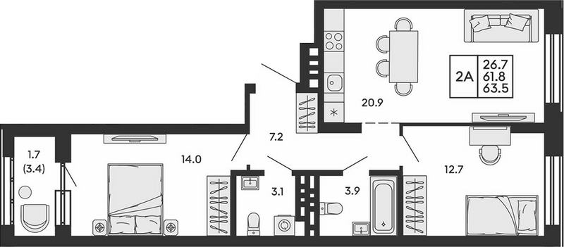 Планировка 3е-к.кв 61.80 м² в ЖК «Сила леса»