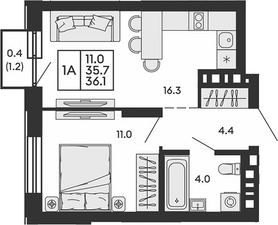 Планировка 2е-к. квартира 35.70 м² в ЖК «Сила леса»