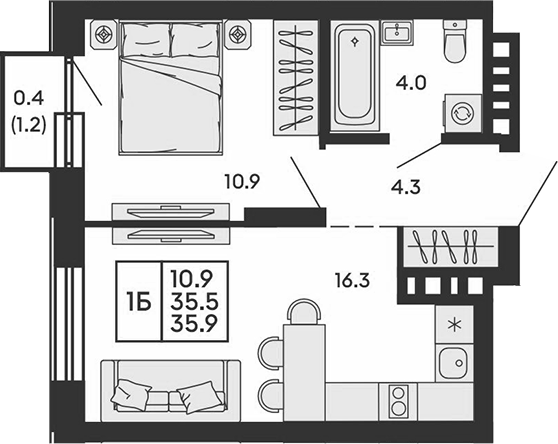 Планировка 2е-к.кв 35.50 м² в ЖК «Сила леса»