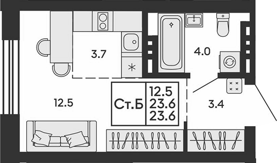 Планировка студии 23.60 м² в ЖК «Сила леса»