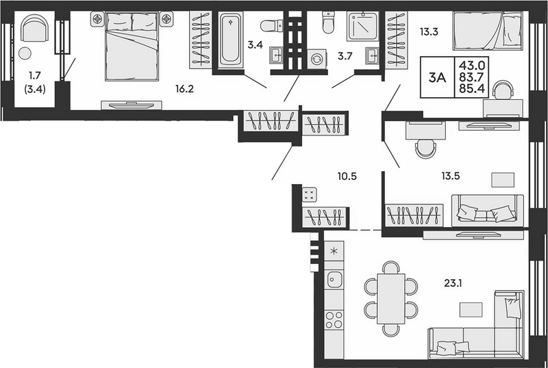 Планировка 4е-к. квартира 83.70 м² в ЖК «Сила леса»