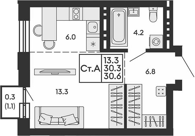 Планировка студия 30.30 м² в ЖК «Сила леса»