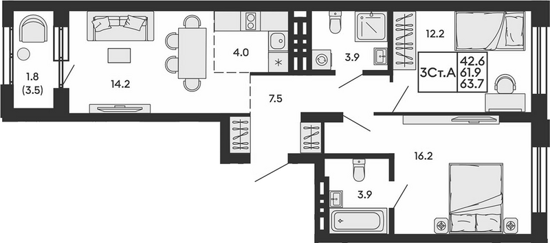 Планировка 3е-к.кв 61.90 м² в ЖК «Сила леса»