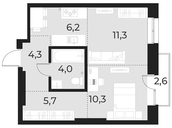 Планировка 2е-к. квартира 41.80 м² в ЖК «Русское солнце»
