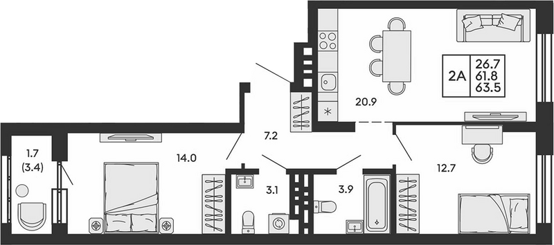 Планировка 3е-к.кв 61.80 м² в ЖК «Сила леса»