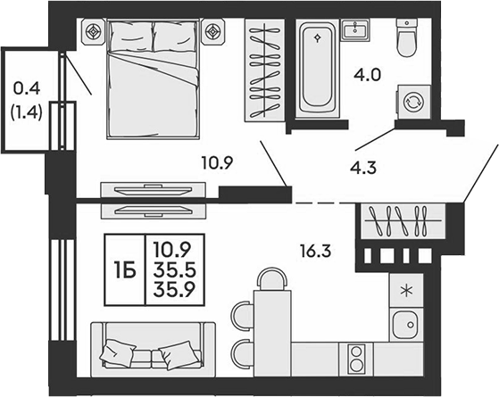 Планировка 2е-к. квартира 35.50 м² в ЖК «Сила леса»