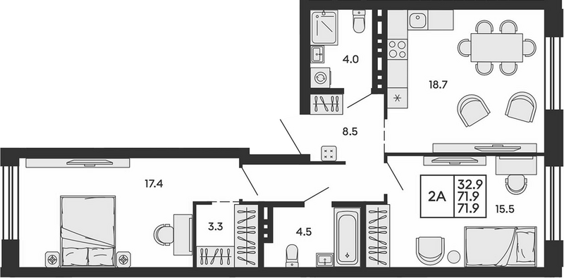 Планировка 3е-к.кв 71.90 м² в ЖК «Сила леса»
