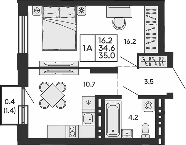 Планировка 2е-к.кв 34.60 м² в ЖК «Сила леса»