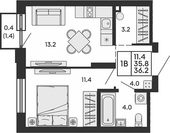 Планировка 2е-к. квартира 35.80 м² в ЖК «Сила леса»