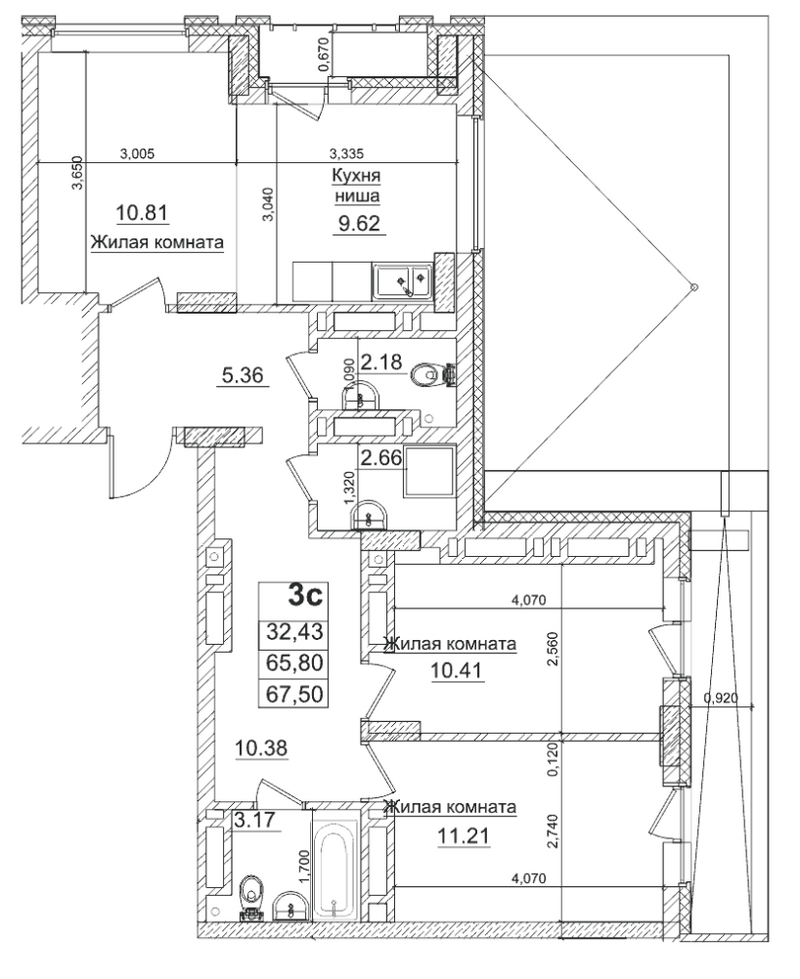 Планировка 3е-к.кв 65.80 м² в ЖК «Чернышевский»