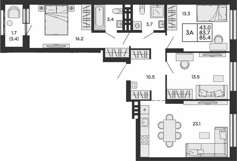 Планировка 4е-к.кв 83.70 м² в ЖК «Сила леса»