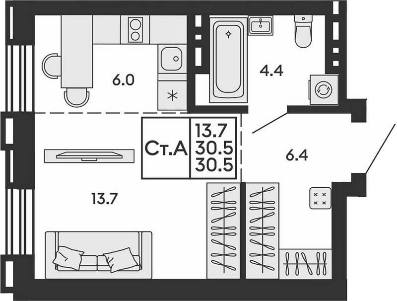 Планировка студии 30.50 м² в ЖК «Сила леса»