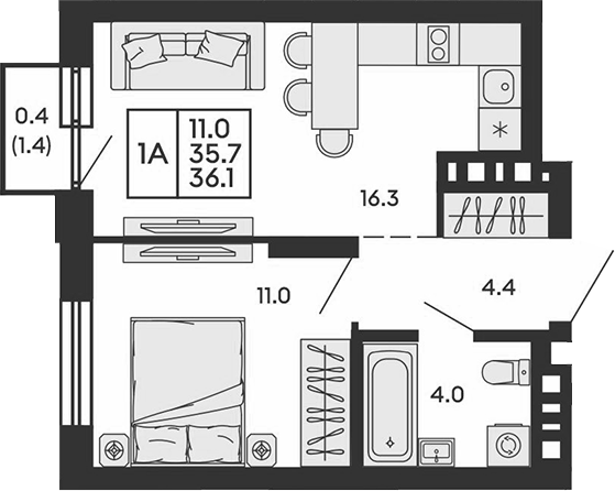 Планировка 2е-к. квартира 35.70 м² в ЖК «Сила леса»